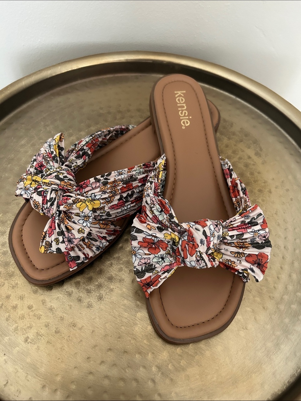 kensie Floral Bow Slide Sandals - Brown, Red, Yellow, Pink
